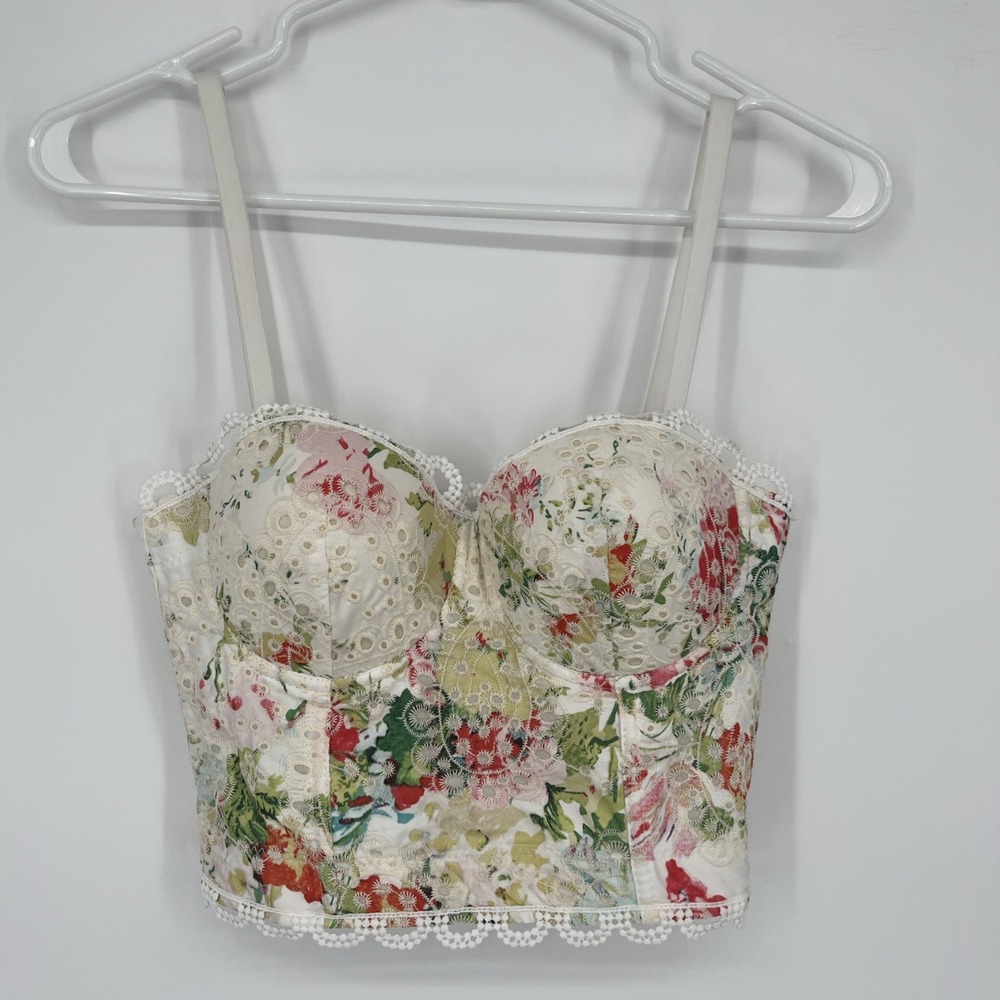 Y2K Corset Top Pink Red Floral Lace Eyelet Bustier Removable Strap Coquette XS